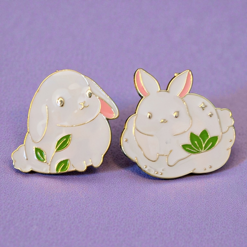 Cute Spring Bunny Enamel Pins - White and Green